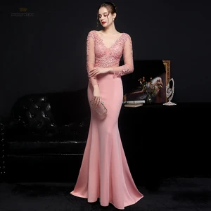Evening Dress V-Neck Mermaid Dresses Woman Party Night Evening Dresses Long Beading Appliques Evening Dresses with Sweep Train