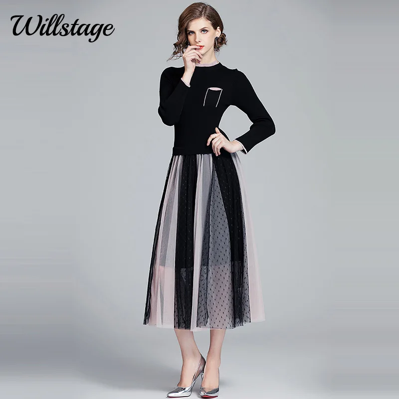 

Кружевное лоскутное платье Willstage в горошек, плиссированные вязаные сетчатые платья, женские элегантные черные платья, весна-осень 2020, одежд...