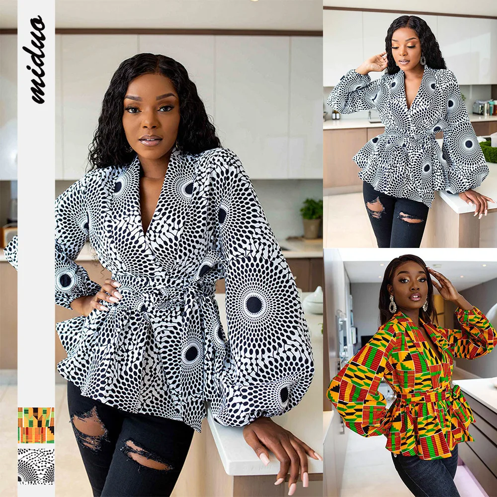 

Design Print Fashion V-Neck African Shirt Women Sexy V Neck Dashiki Blouse Tops with Belt Lantern Sleeve Outwear Africa Clothes