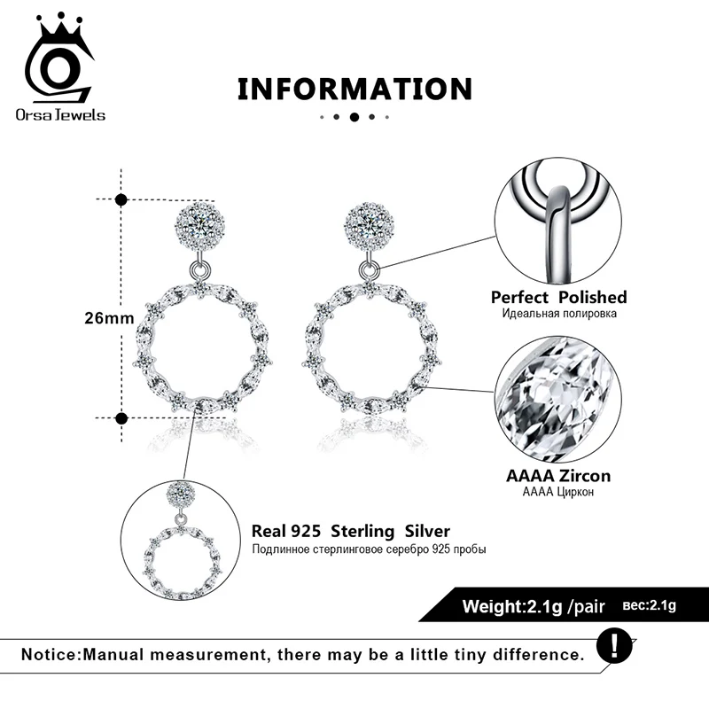 ORSA JEWELS кольцо женские свадебные 925 Серебряные длинные висячие серьги с большой