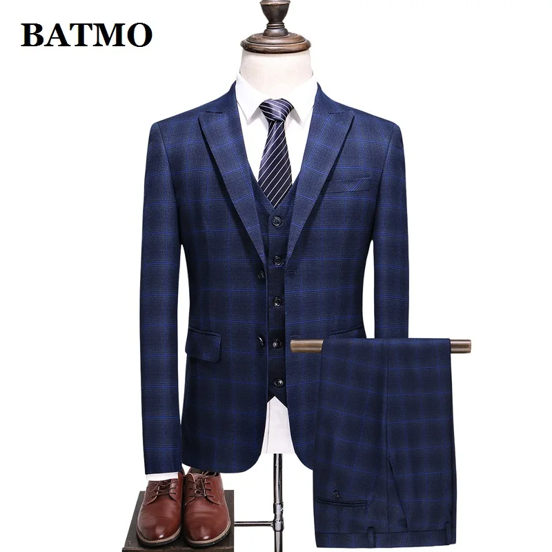 

Batmo 2021 new arrival high quality plaid Single Breasted blue casual suits men,men's wedding dress,plus-size S-5XL 6137