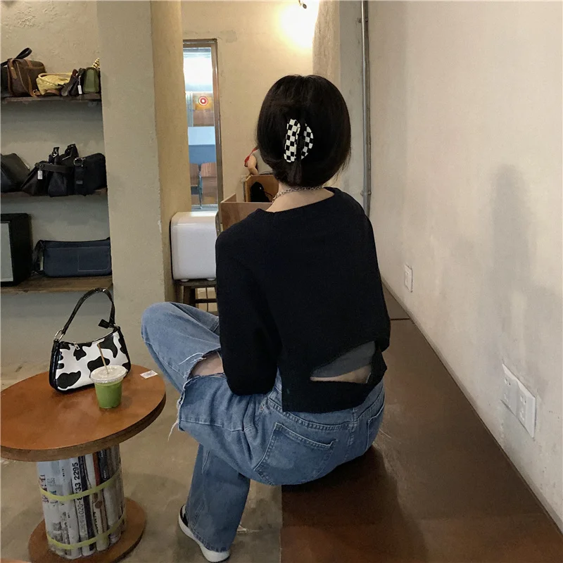 Новинка осени 2021 Модный трикотажный топ свободного кроя с длинным рукавом |