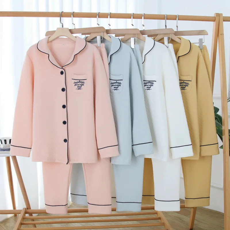 

Women's autumn/winter high quality cotton alphabet embroidery home simple pure color pajamas set Harajuku sweet warm pajamas