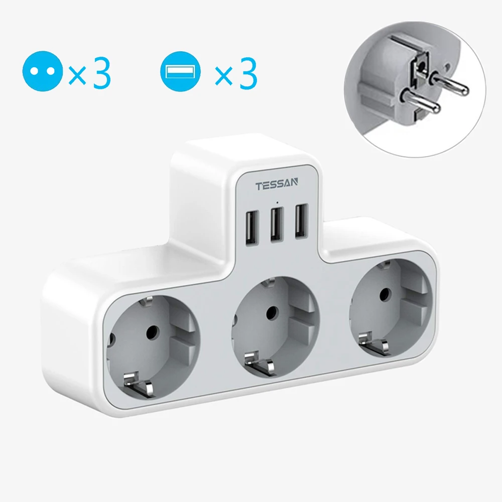 

TESSAN EU Wall Socket Extender with 3 AC Outlets and 3 USB Ports 5V 2.4A Power Adapter Overload Protection for Home/Office