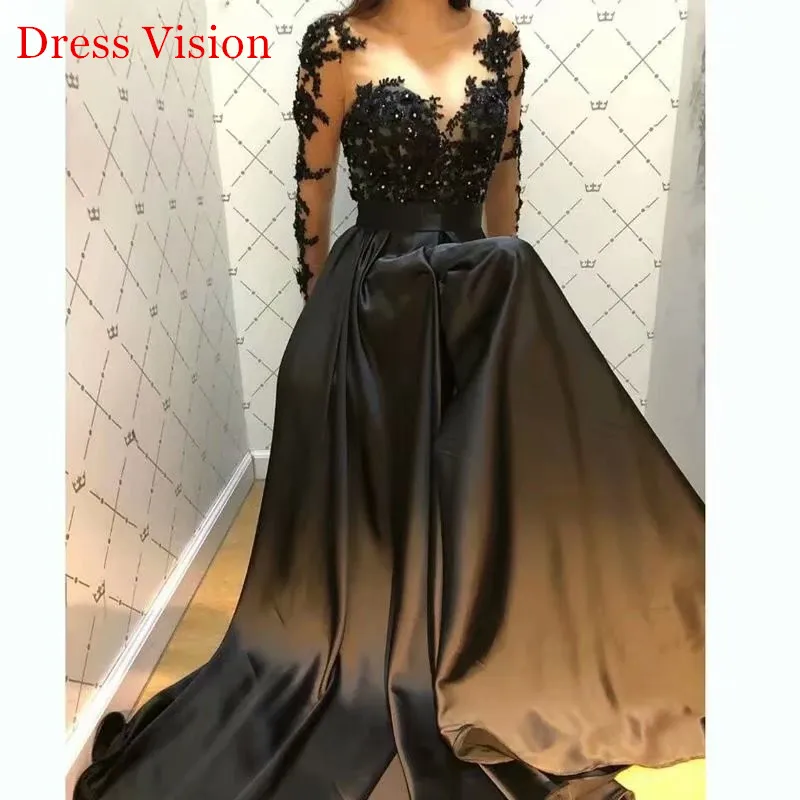 

платье вечернее Lace Appliques Long Sleeves Black Robe De Soiree Wedding Party Prom Dress Vestido De Fiesta Fe Boda