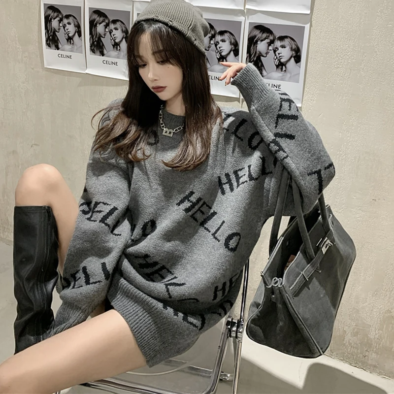 

Lucyever Autumn Mid-long Knitted Sweaters Women Korean Letter Jacquard O-neck Pullovers Woman Full Sleeve Gray Jumper Tops Mujer