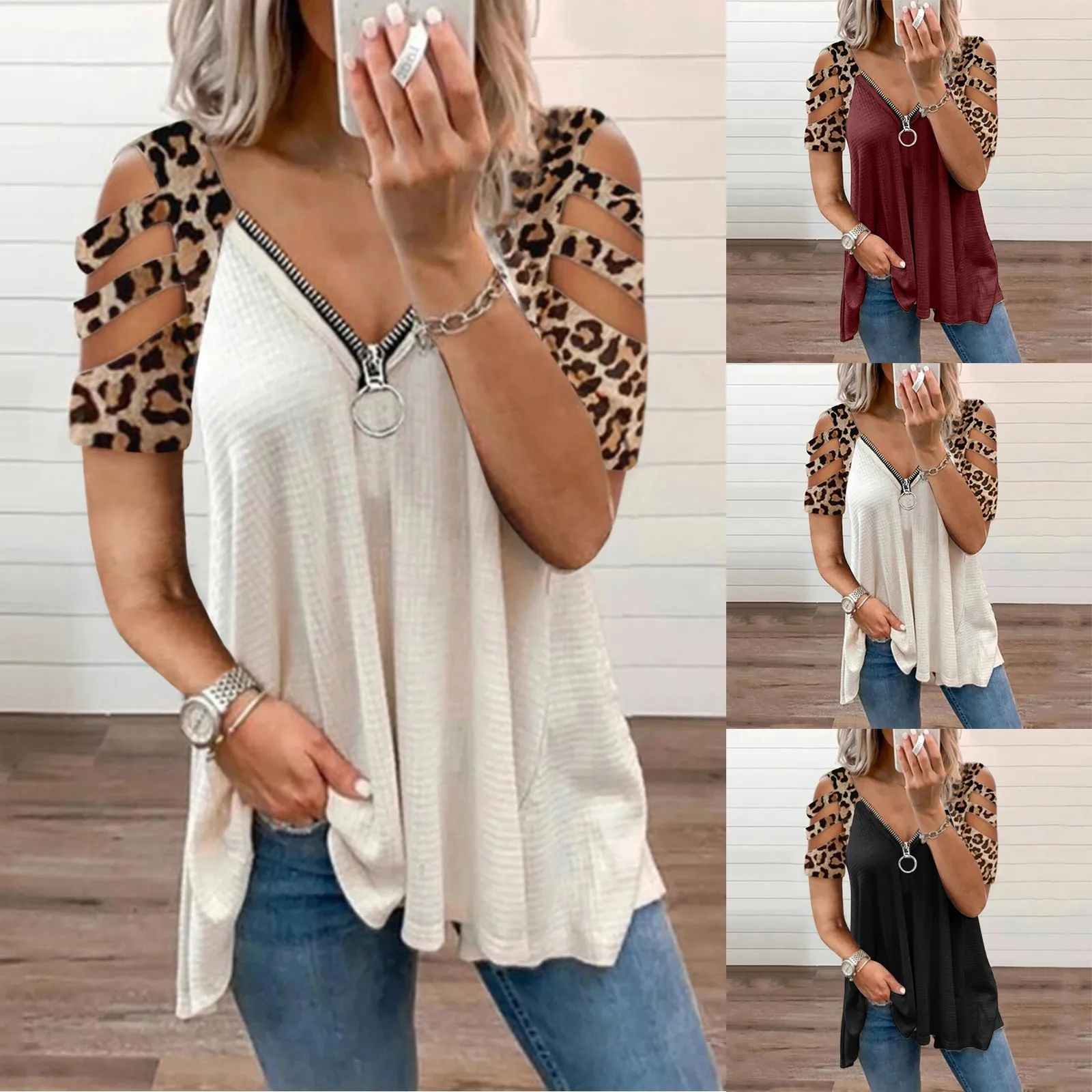 

Summer Zipper V-Neck Shirts For Women Sexy Fashion Women'S Casual Blouse Leopard Patchwork Short Sleeve Tunic Tops Chemise Femme