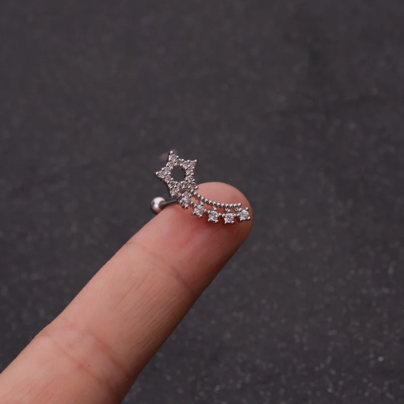 Серьги-пусеты для пирсинга хрящей Star Moon с цветами фианитами | Украшения и