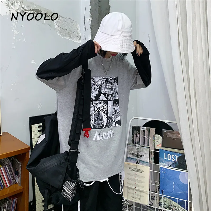 NYOOLO Harajuku Винтаж Наруто с буквенным принтом поддельные 2 шт. Лоскутная футболка осень уличная одежда с длинным рукавом Футболка для женщин и мужчин