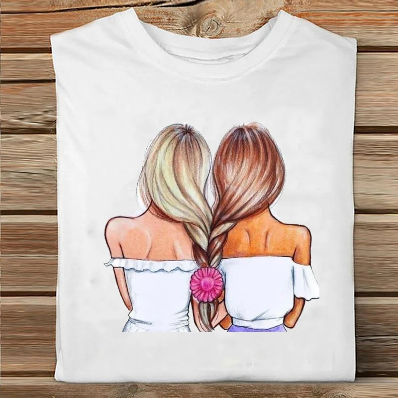 

Women Short Sleeve Sister Friends Sweet Love Floral Style Cartoon Clothes Print Tshirt Female Tee Top Ladies Graphic T-shirt