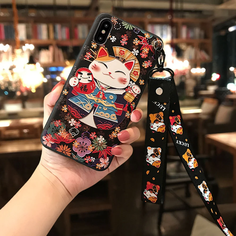 Модный милый чехол для телефона iPhone 6 6s 7 8 Plus X XS MAX XR Lanyard Lucky Cat Мягкий Силиконовый