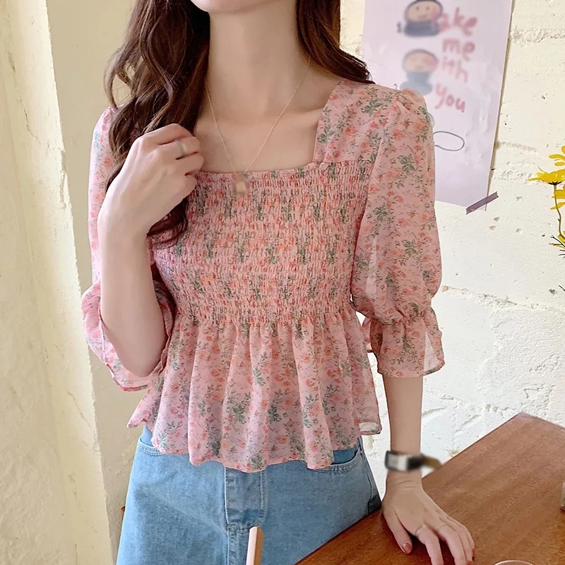 

Floral Print Square Collar Blouses Women Sweet Short Sleeve Chiffon Tops Female Summer Casual Blouses
