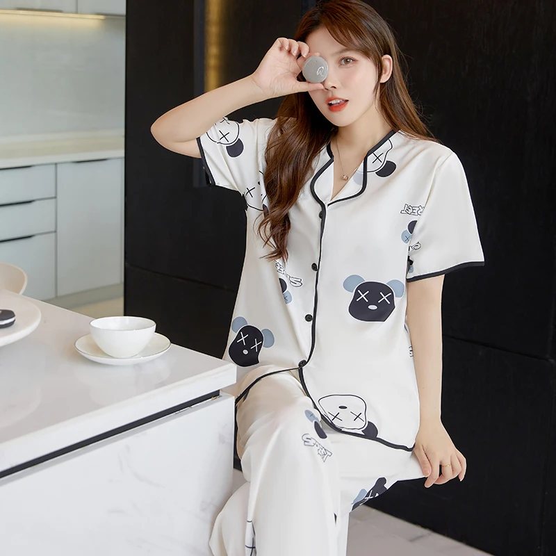CAIYIER New Spring Summer Women Silk Pajamas Set V-Neck Short Sleeve Trousers Sleepwear Sexy Nightwear Soft Ladies Pyjamas M-2XL