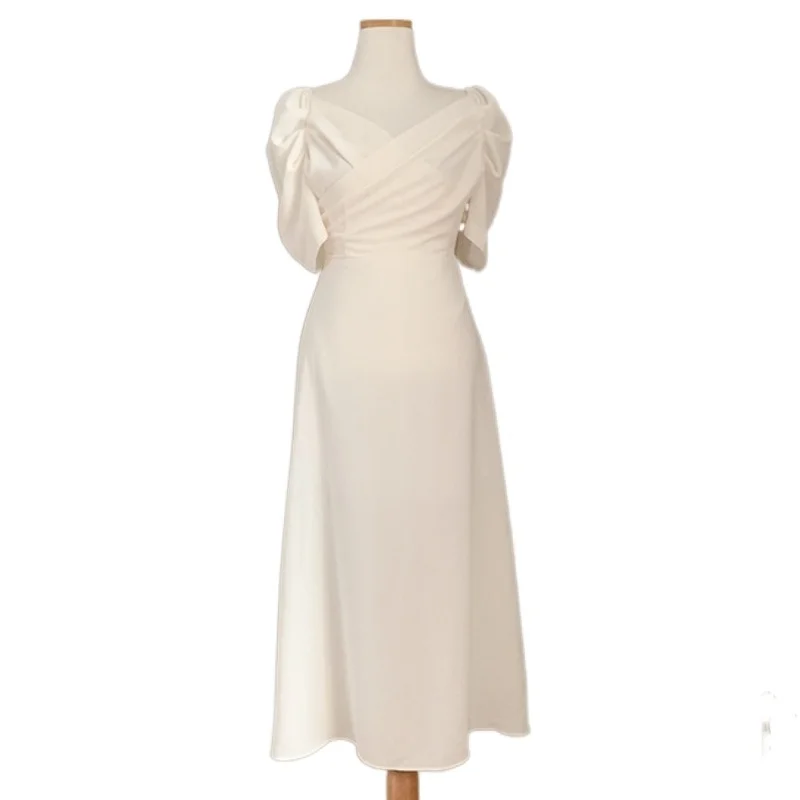 

Retro V-neck Slim Waist Women Dress Elegant Puff- Sleeve White Female A-line Dress Summer Party Vestidos Femme Maxi Dresses