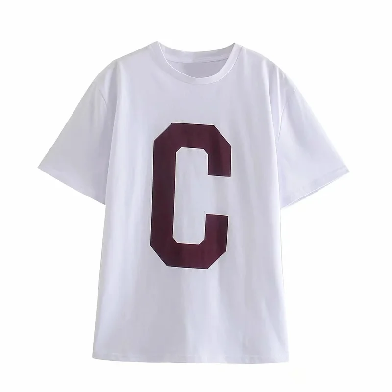 

MosiMolly 2021 C Letter Print Summer Cotton T-shirt Tops Women O Neck Short Sleeve Loose Shirt Tee