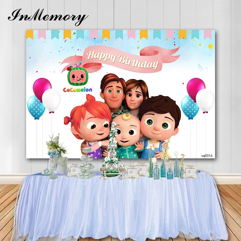 В памяти Cocomelon Детские вечерние фон фото воздушного шара лента на день рождения