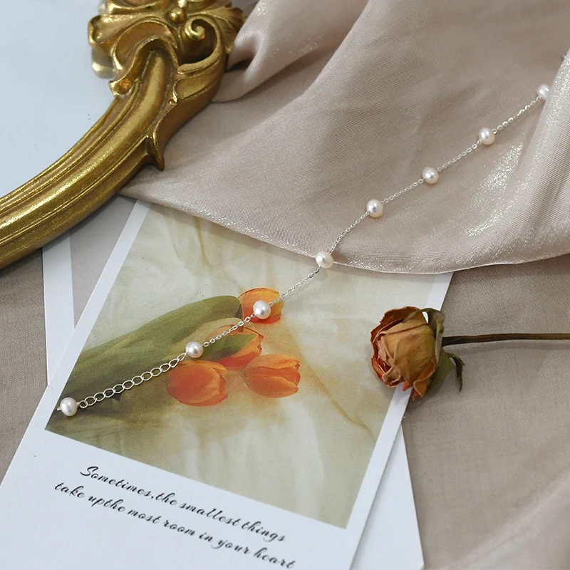 Женский браслет-цепочка из серебра 925 пробы с натуральным пресноводным жемчугом