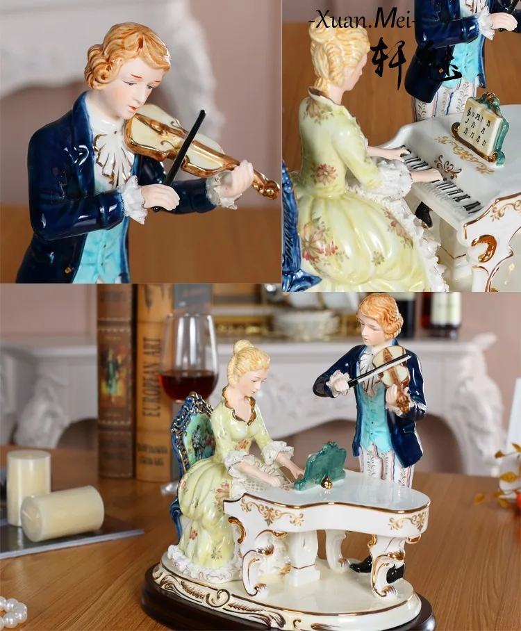 

High-end Luxury European-style Porcelain Puppet Living Room Home Decoration Crafts Ceramic Characters Playing Piano Creativity