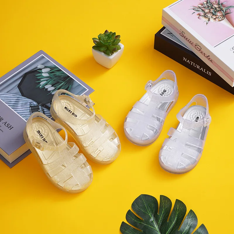 Летние Новые прозрачные ПВХ Туфли-желе принцесса Баотоу детские римские пляжные