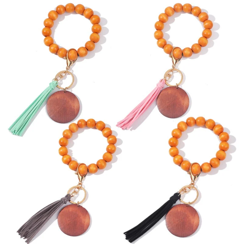 

Makersland Tassel Keychain Wood Beads Wrist Strap Bracelet Keychain For Keys Pu leather Leopard Keyring For Women Accessories