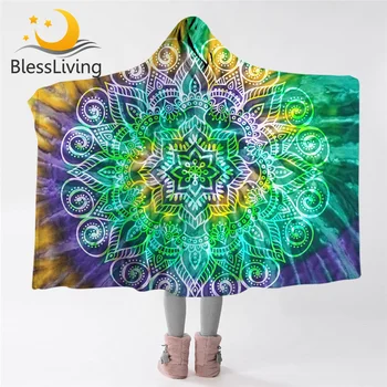 BlessLiving Lotus Flower Hooded Blanket Bohemian Mandala Sherpa Fleece Throw Blanket Yellow Purple Green Wearable Blanket 1