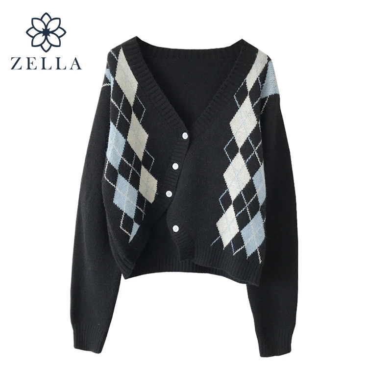 

Женский винтажный клетчатый свитер с длинным рукавом и V-образным вырезом