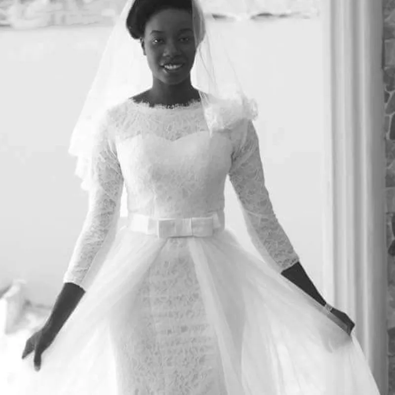 Africa White Lace Mermaid Muslim Wedding Dresses 2019 3/4 sleeves Detachable Train Gowns Bride Dress robe de mariee | Свадьбы и