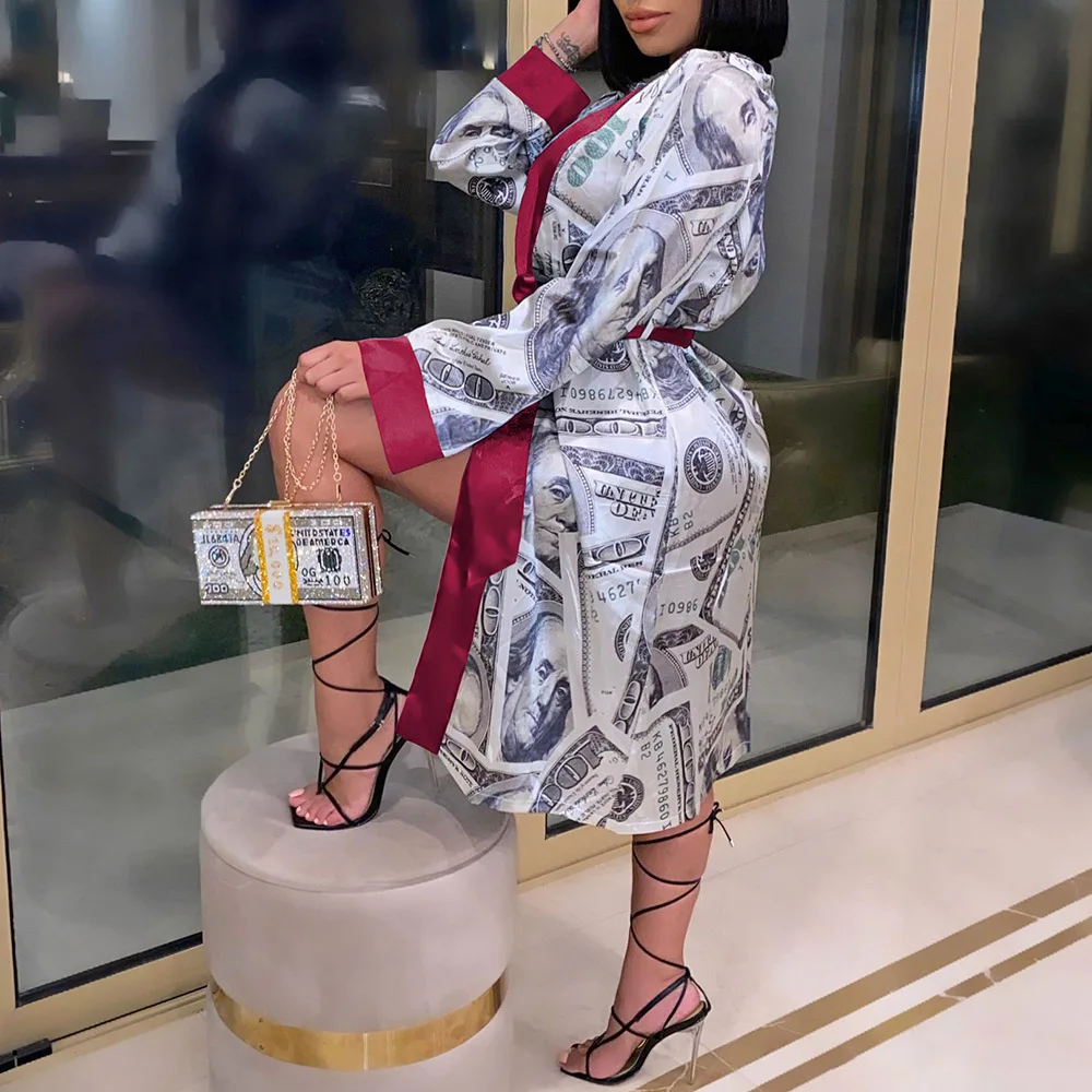 

Pyjama-esque Homewear Coat Sexy Women Night Clothes Dollar Print Oversized Mid Length Long Trench Coat Homme Outfits