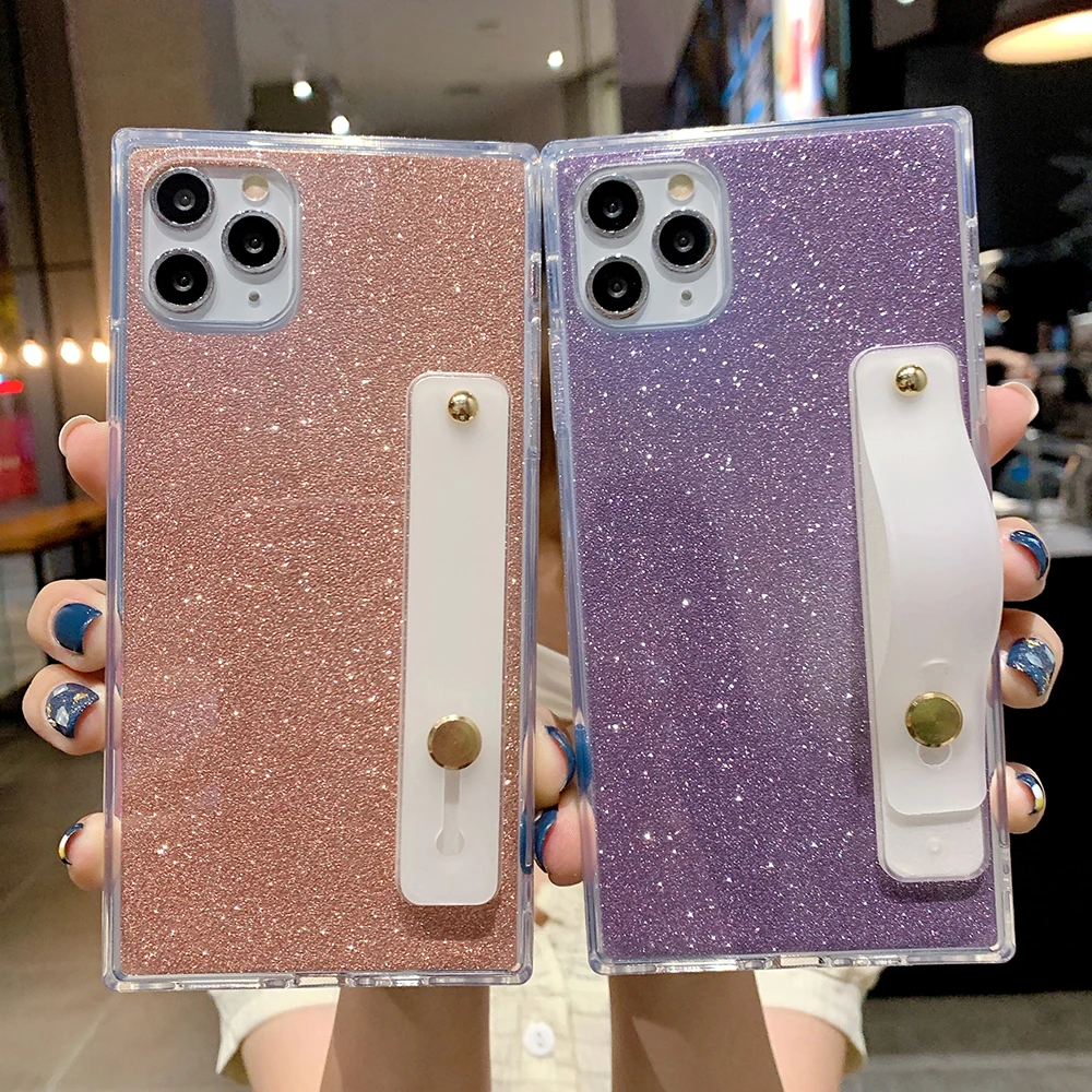 Блестящий квадратный чехол для телефона с ремешком на запястье iPhone 11 12 Pro Max XR XS 7 8 6