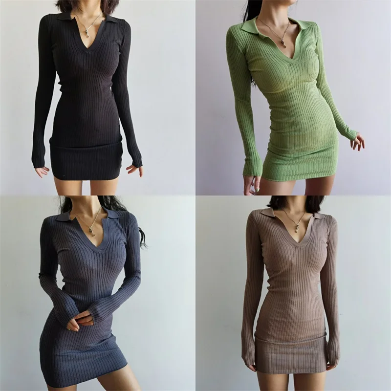 

Women Collared Mini Knitted Jumper Dress With V Cut Front Fitted Rib Mini Dress