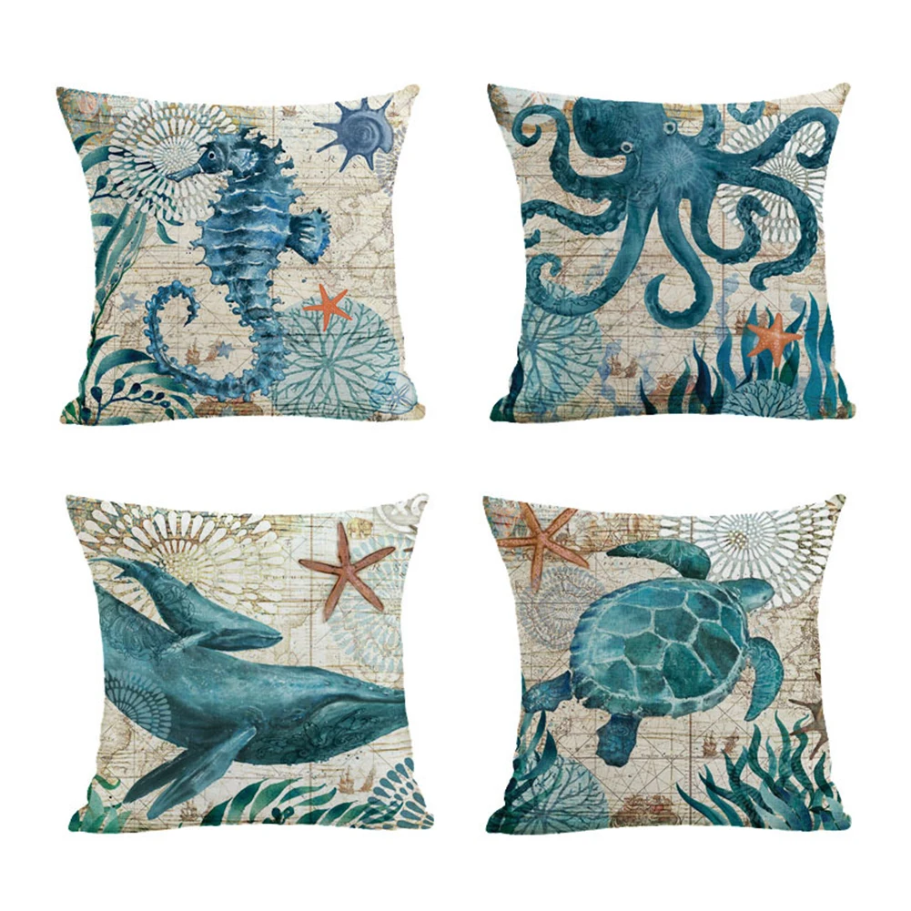 

Pillowcase Square Ocean Theme Flax Cushion Covers With Whale Print Decorative Pillow Covers For Bedroom Decor Pillow Cushion