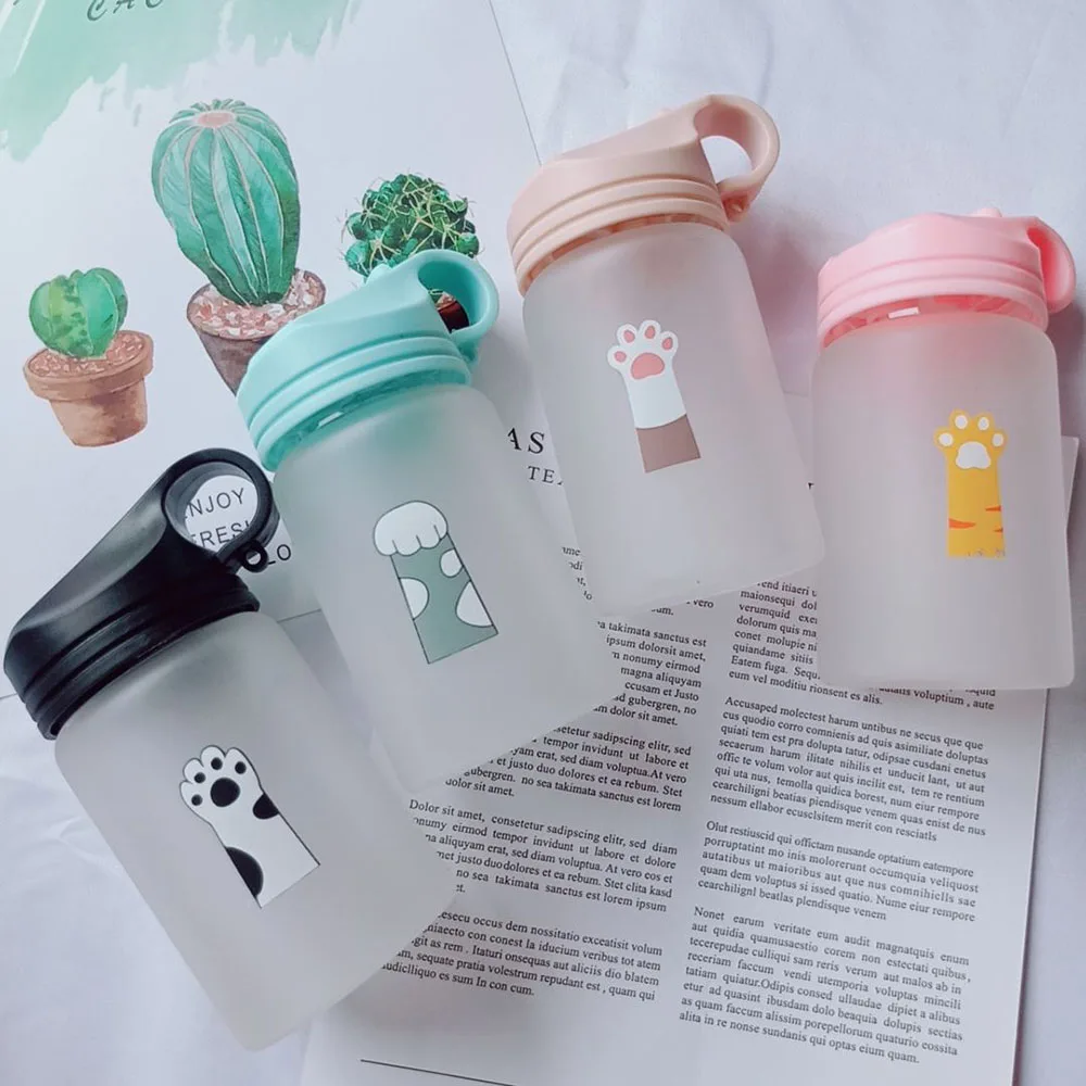 

500ml Cute Glass Water Bottle Girl Portable Cartoon Cat Paw Straw Drinking Bottles Flower Student Milk Juice Tumbler Coffe Cup