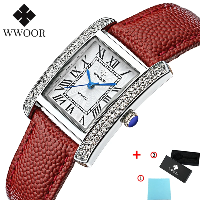 White red WWOOR новые белые квадратные часы с кристаллами женские водонепроницаемые часы из натуральной кожи женские повседневные модные часы аналоговый дисплей подарок - Цвет: White red