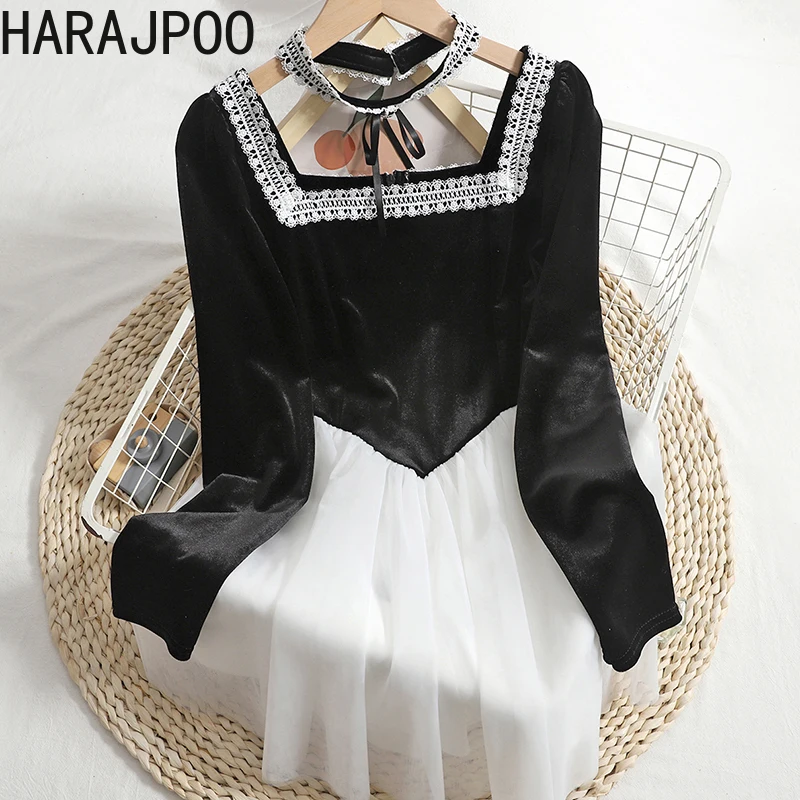 

Dress Women Harajpoo Detachable Hanging Neck Square Collar Contrast 2022 Spring Fall New Velvet Stitching Net Yarn Mini Dresses