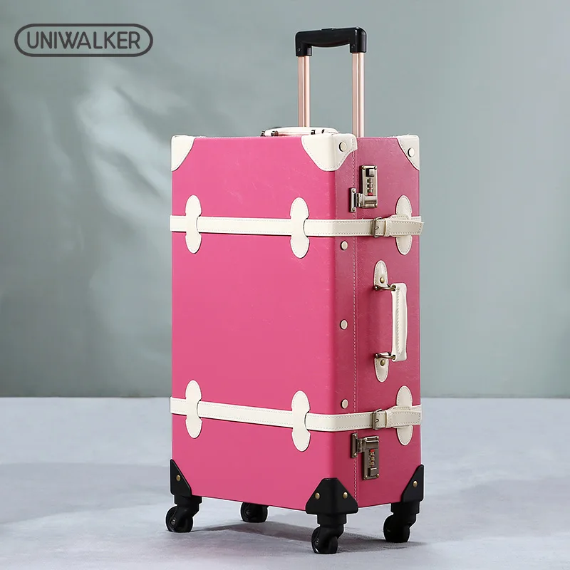 Винтажный чемодан UNIWALKER розовый Дорожный на колесах устойчивый к царапинам