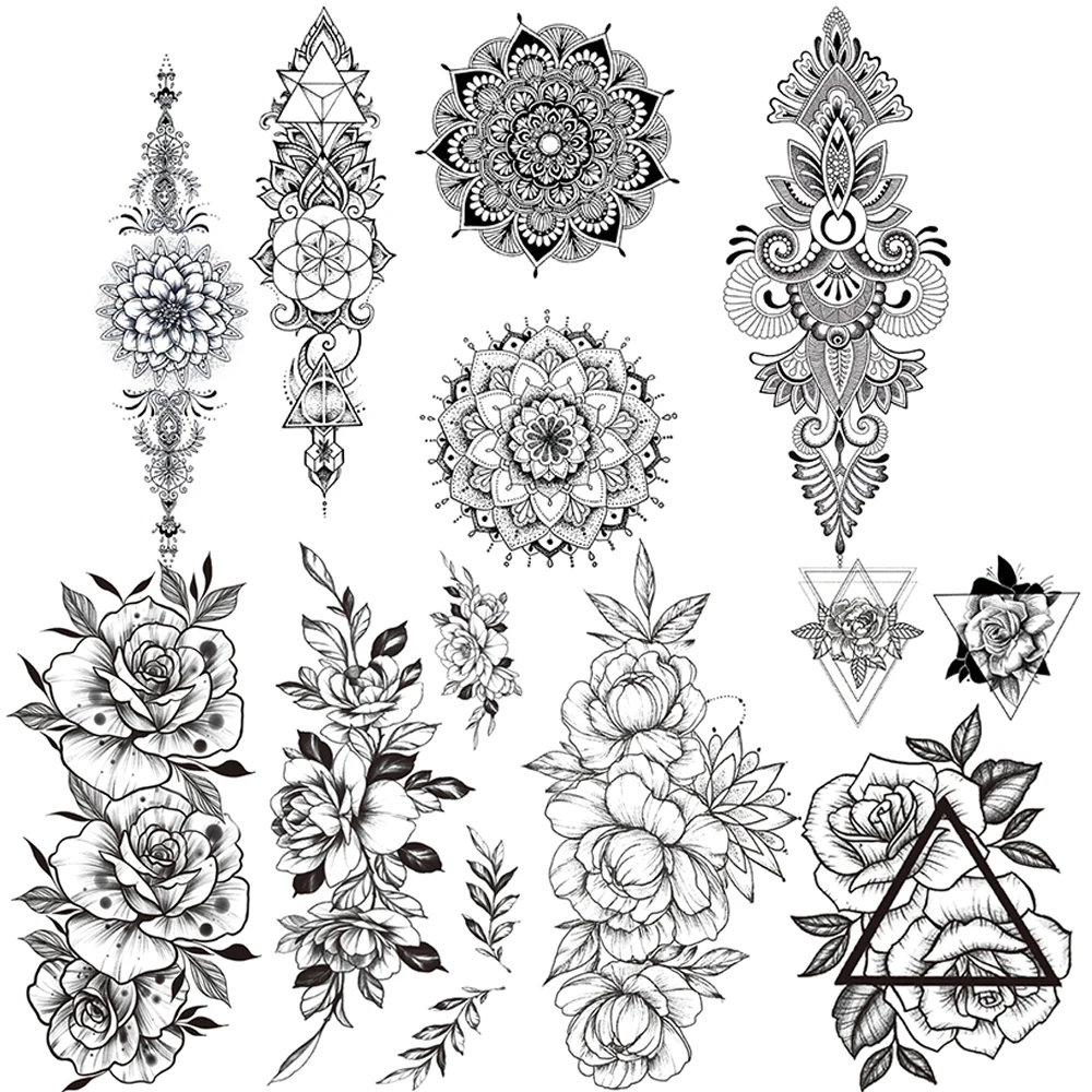 Мандала хна Временные татуировки для женщин Черная Лилия Sweatpea боди арт руки