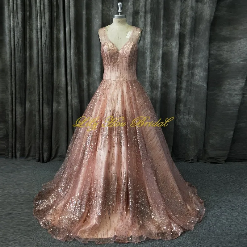 Sparkly Sequined Prom Dress Real Sample V Neck Sleeveless Open Back Lace up Party Gown