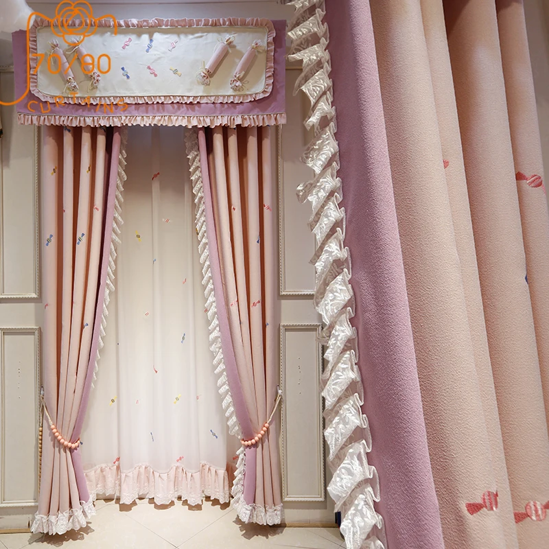 Cartoon  Girl Princess Style Childrens Room Curtain Candy Pattern Embroidery Stitching Curtains for Bedroom Finished Product