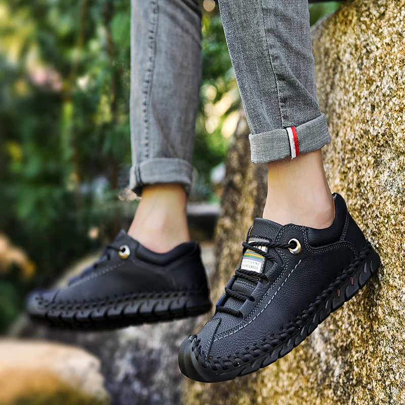 Harga Sepatu Pria Sepatu Kasual Kerja Luar Ruangan Sepatu Kulit Buatan Tangan Kulit Beku Rendah Atas Ukuran Besar Hiking Sepeda Gunung Jahit *