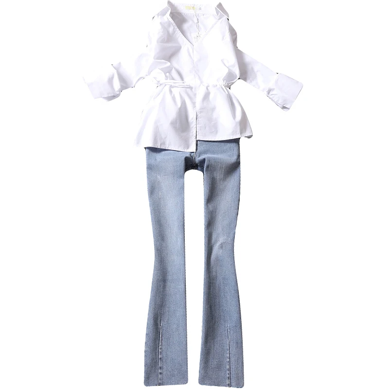 

office lady women jeans sets 2020 summer new irrefular white shirts and flare solid jeans female all match pant suits