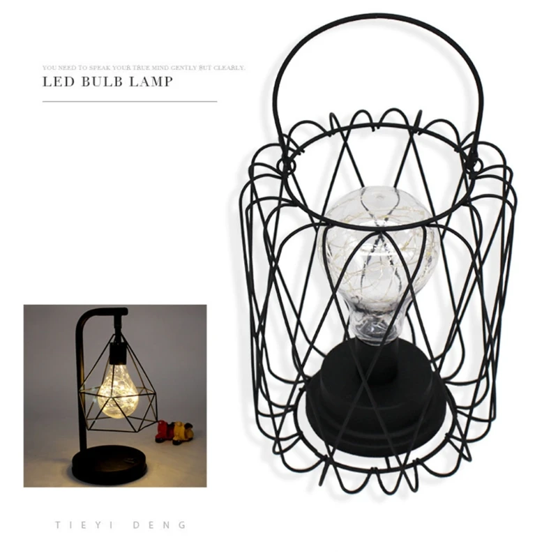 

A9LB Iron Night Light Vintage Table Lamp Black Retro Industrial Iron Metal Wire Basket Cage Style Light Farmhouse Desk Lamps