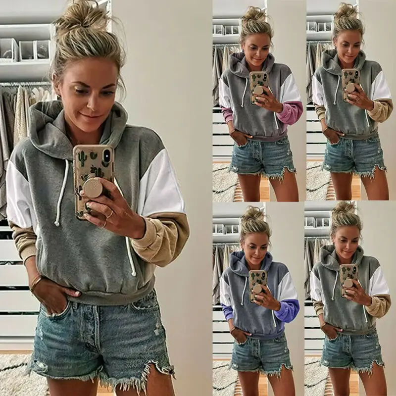 

Women Hoodie Jumper Patchwork Sweatshirt Casual Crop Top Sports Pullover
