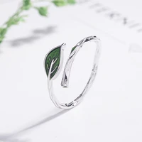 silver plated art small fresh branch green leaf ring creative simple opening adjustable ring elegant girl party jewelry