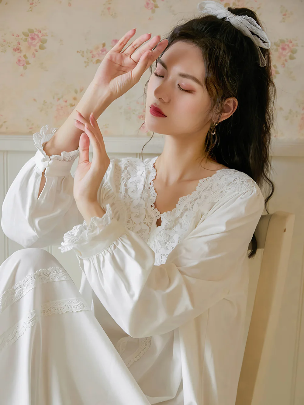 

women nightdress nightgowns sleepshirts Lovely princess lace in spring autumn French court Cotton housewear goddess Vintage