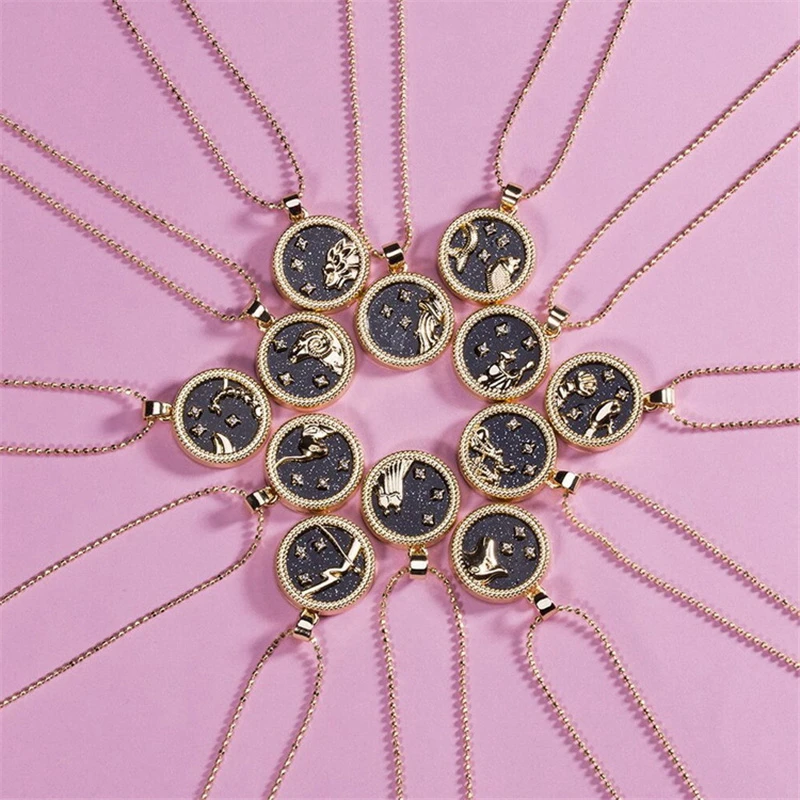 

YEYULIN 12 Zodiac Constellation Carve Coin Pendant Necklace Simple Copper Leo Beads Clavicle Chain Necklace Sexy Couple Jewelry