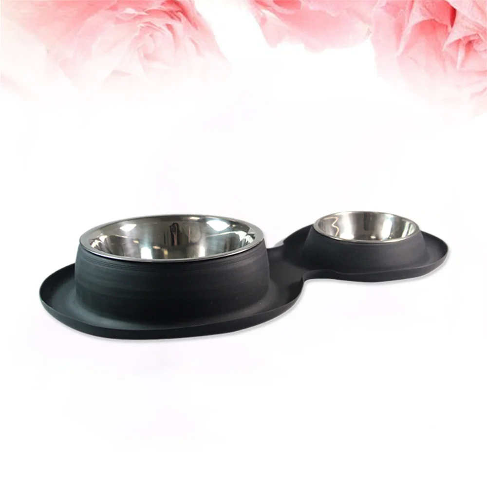 

Double Dog Bowl With Spill Non-Skid Silicone Mat Pet Feeder Tool Supplies Cat Dog Water Food Bowl (Black)