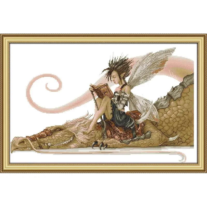 

Joy Sunday Cross Stitch The Girl Sat On The Dragon Reading A Book Stamped 11CT 14CT Needlework Animal Style For Cross Stitch Kit
