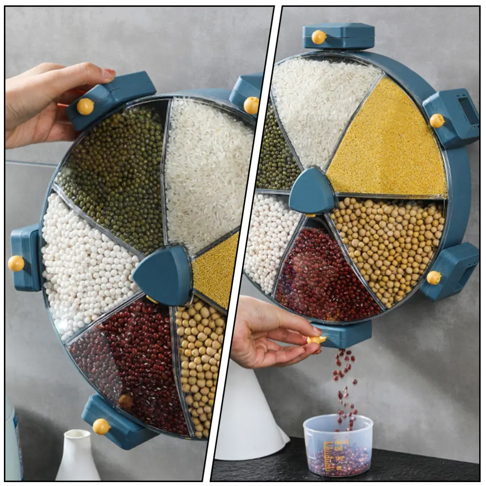 

1Pc Rotating Rice Bucket Wall-mounted Grain Box Windmill Type Rice Case (Blue)