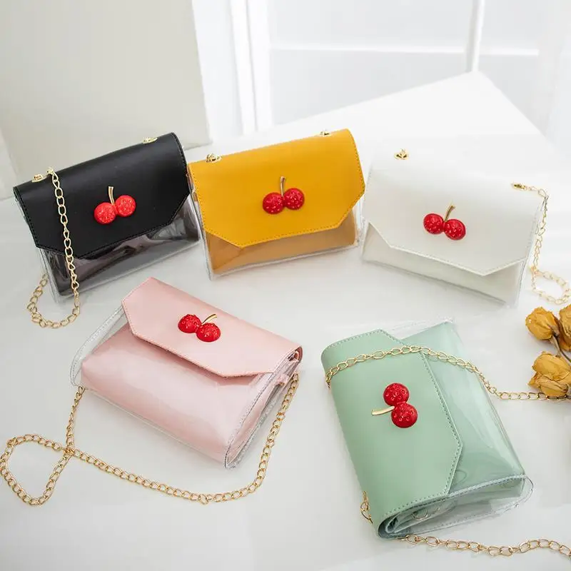 

2021 New Korean Version of The Shoulder Messenger Bag for Girls Small Cherry Chain Transparent Jelly Bag Fashionable and Simple