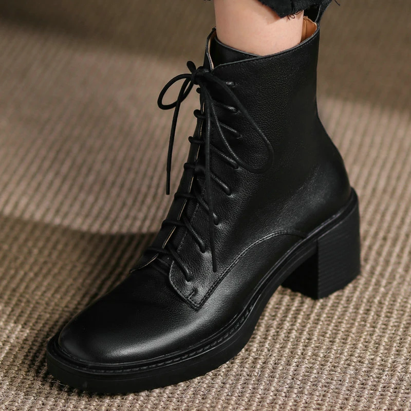 

Cross Tied Women Ankle Boots Genuine Leather Lace Up Thick Heels Pumps For Women Winter Newest Working Basic Shoes Woman
